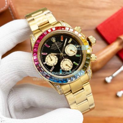 Copy Rolex Daytona Rainbow All Gold Watch Black Dial 